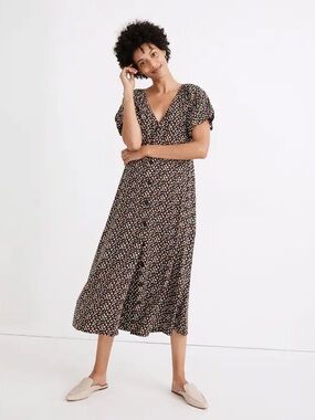 Madewell Black Floral V‑Neck Midi Dress